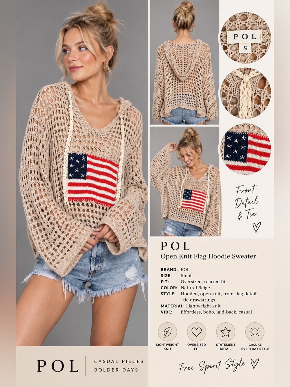 POL American Flag Crochet Open Knit Hooded Sweater Beige Size Small Oversized